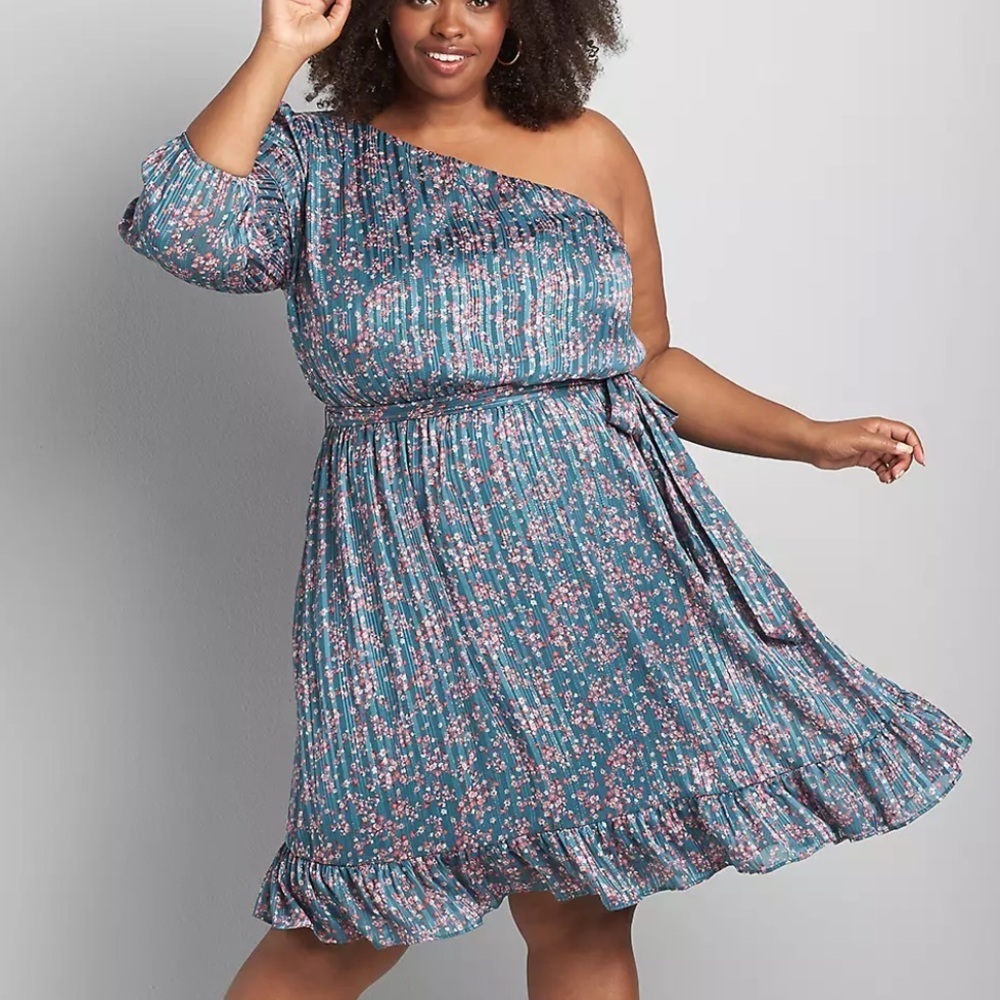 Lane Bryant Women 20 Teal Floral Tie Belt One-Shoulder Fit & Flare Dress NWT